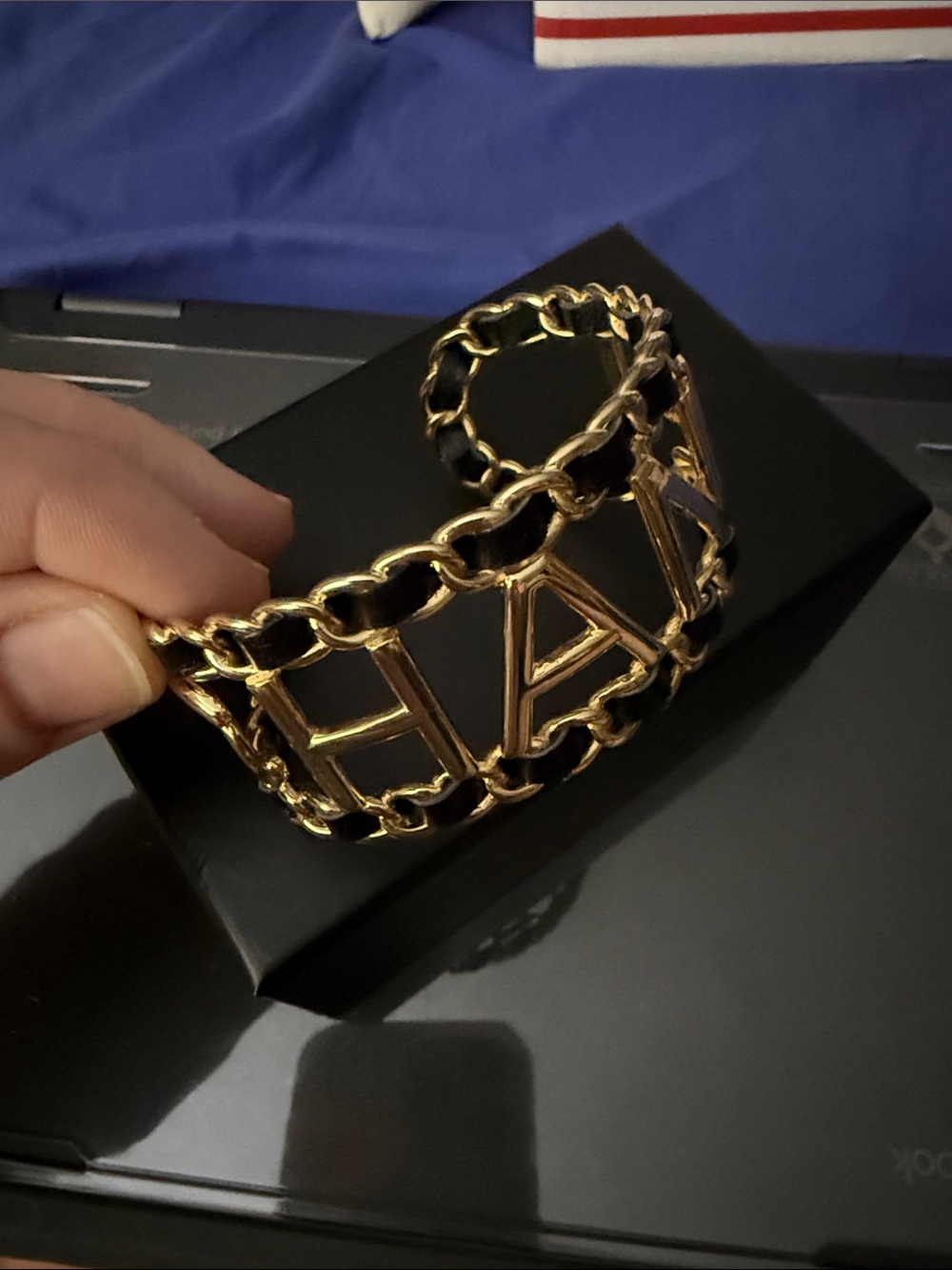 Gold Tone Chain Cuff Bracelet w/ Leather Inlay